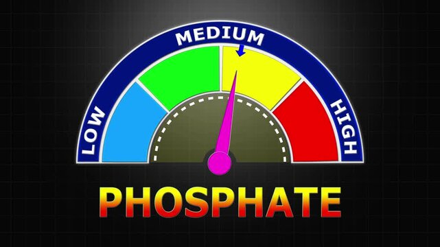 4K Animated Phosphate Level Meter Increasing from Low to High Levels , Assessing Phosphorus Balance for Bone Health and Renal Function