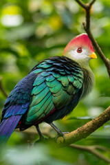 Fototapeta premium Red-crested turaco colorful bird perched on branch in tropical forest