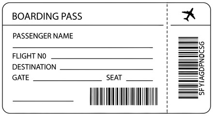 Fototapeta premium Airline boarding pass with blank fields for passenger information and travel details displayed on a plain white background