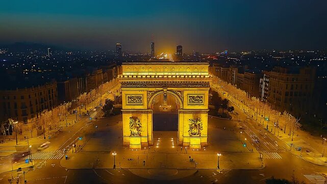 aerial drone shot of arch of triumph in barcelona spain at night timelapse conceptual