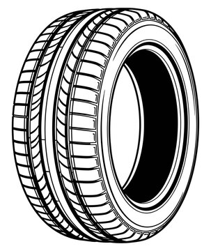 Black and white illustration of a car tire with detailed tread pattern and rim design on a plain white background