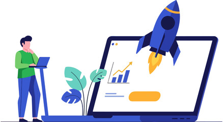 Professional analyzing digital marketing growth and business launch strategies on a laptop Vector