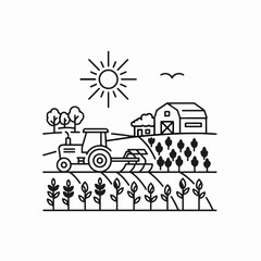 Naklejka premium Monoline vector illustration of a tractor plowing a field with a barn, trees, and sun in a rural farm landscape, perfect for agriculture and farming concepts.