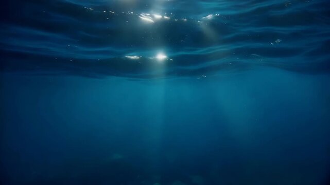 Abstract subsurface oceanic sunlight background with sunbeams penetrating deep blue