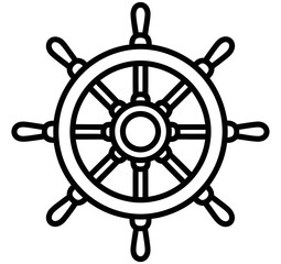 Obraz premium Simple black and white illustration of a ship steering wheel with spokes and handles on a white background symbolizing navigation and control.