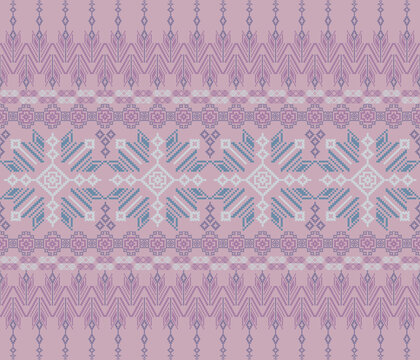 Traditional Thai fabric cross stitch pattern with unique thai silk motifs on pink , violet and gray pastel tones. Great for textile design, clothing.
