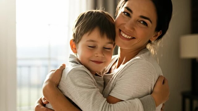 Loving Caucasian mother hugging her young son at home, gentle parenting and secure attachment