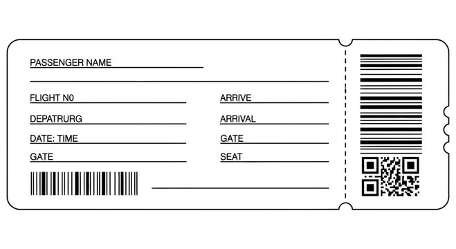 Blank airline boarding pass template with barcode and qr code for flight information