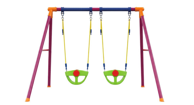 Colorful metal outdoor swing set with two green plastic baby seats and yellow ropes, isolated on a clean white background for children's play equipment