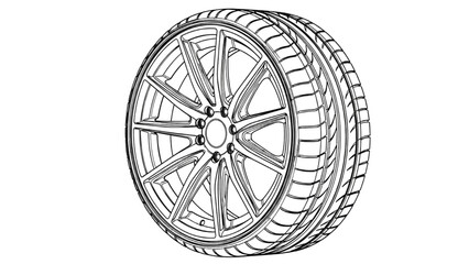 Fototapeta premium High Quality Black Line Art Car Wheel and Tire with Detailed Rim Structure and Radial Pattern Automotive Technical Illustration