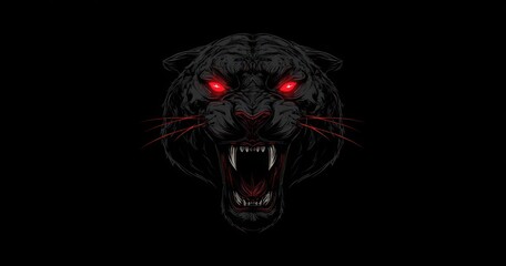 Black panther head with glowing red eyes and open mouth on dark background