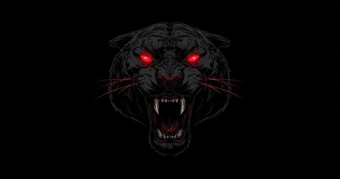 Black panther head with glowing red eyes and open mouth on dark background