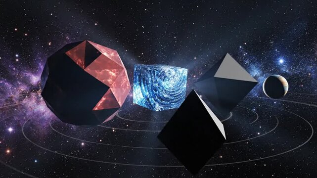 Geometric Shapes Abstract 3D Render in Deep Space Nebula with Stars