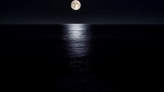 Abstract moon path on black water background with silver shimmering light tunnel