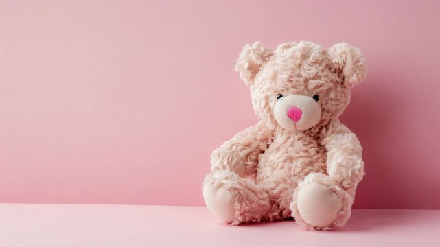 A pink bear sits against a soft background, looking cute and cuddly.