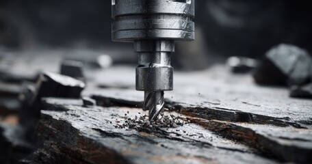 Close up of a drill bit piercing stone surface in a dark environment