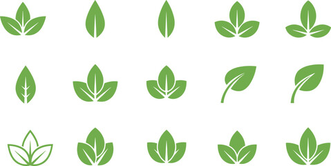 Set of Green Leaf Icons Representing Nature Environment Ecology Sustainability Organic Branding Eco Friendly Design Growth and Botanical Garden Elements.