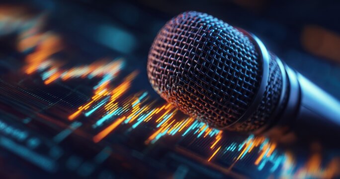 Close up of a microphone over a digital graph for music and finance