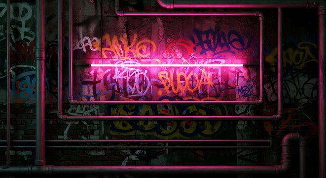 A dimly lit room with a neon sign reading 'no sugar' in pink and orange hues, set against a backdrop of vibrant graffiti and urban decay