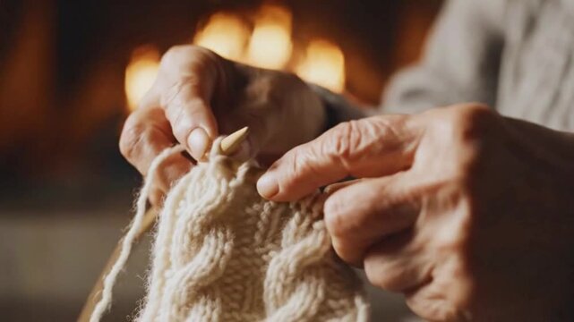 Elderly hands skillfully knitting a warm, intricate wool garment with wooden needles, creating a cozy fabric pattern by a softly flickering fireplace, showcasing a timeless craft in motion.