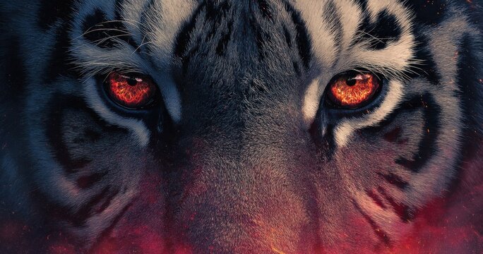Close up of a tigers eyes showcasing intense gaze and vibrant colors