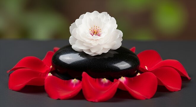 Image features a still life composition centered around a smooth, round black stone with a glossy finish. Atop the stone rests a delicate white flower with multiple layers of petals, accented by a sma