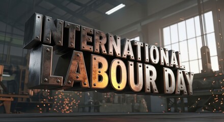 Obraz premium International Labour Day 3D metallic text with sparks in a factory workshop, celebrating workers' rights and global solidarity