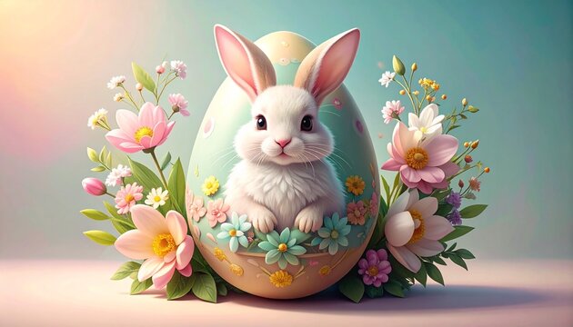Cute pastel illustration of a white bunny sitting inside a decorated Easter egg shell surrounded by spring flowers, soft light, whimsical nursery style, delicate patterns, gentle shadows, minimal drea