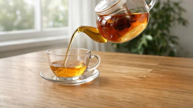 Transparent glass teapot with hot brewed black tea standing on wooden table beside empty glass cup and saucer near bright window. Cozy home tea drinking moment and relaxation concept.