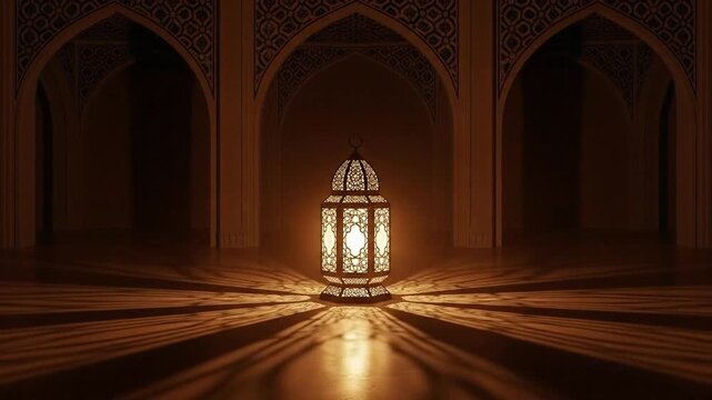 Ornate Islamic Lantern Glowing in Arched Hallway, Ramadan Mubarak, Cinematic