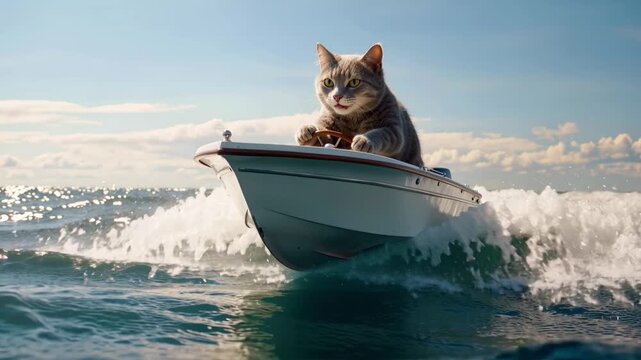 Gray domestic cat steering a small motor boat across ocean waves under bright blue sky. Humorous anthropomorphic animal scene symbolizing adventure, freedom and fun travel.