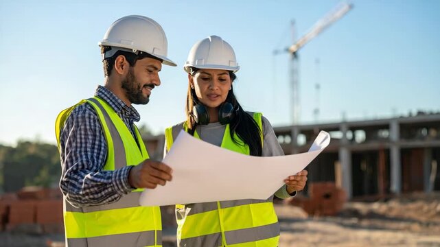Engineers reviewing blueprints at a busy construction site