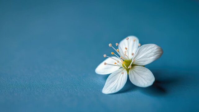 A delicate white cherry blossom against a blue background with soft lighting and focused foreground.