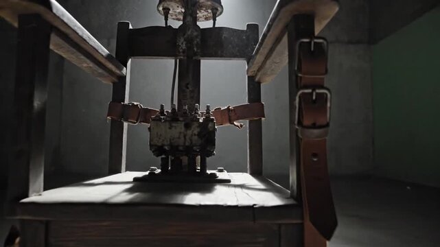 Foreboding Wooden Chair with Leather Straps and Exposed Mechanism in Dimly Lit Interior Space