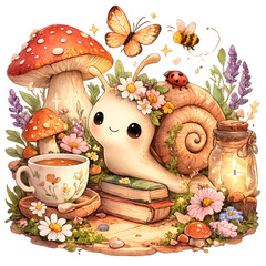 cozy snail garden vignette, adorable snail illustration, cute garden creature character design, soft pastel green peach and cream palette, smiling snail with spiral shell detail, tiny mushrooms and wi © Johan