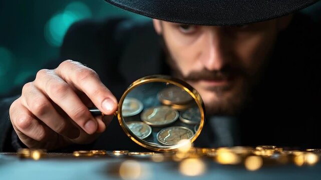 A detective examining clues under a magnifying glass