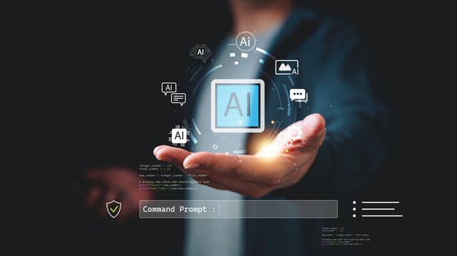 Businessman hold glowing artificial intelligence interface with AI chip icon and command prompt panel, generative AI technology, automation, machine learning development and digital innovation.