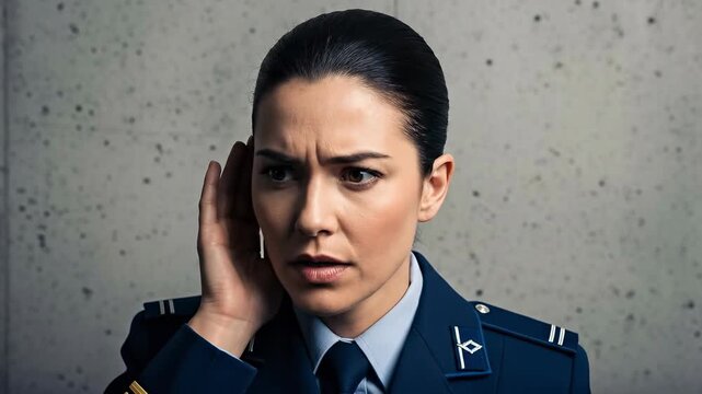 Serious Female Intelligence Officer Eavesdropping on Secret Conversation