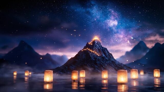 A mountain peak surrounded by floating lanterns