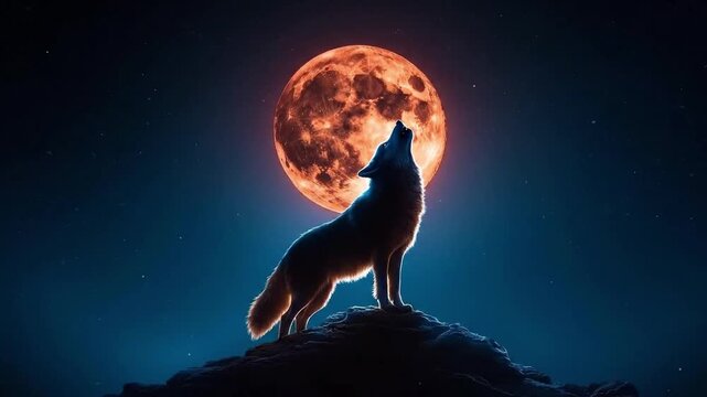 A lone wolf silhouetted against a moonlit mountain