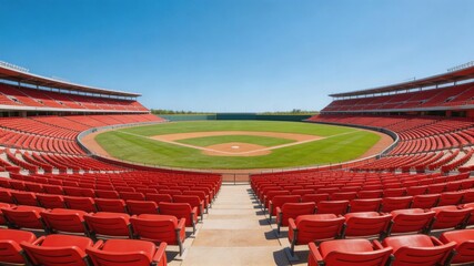 Naklejka premium Baseball Stadium: An empty baseball stadium, showcasing the expansive field and rows of vibrant red seats under a clear, bright blue sky. 