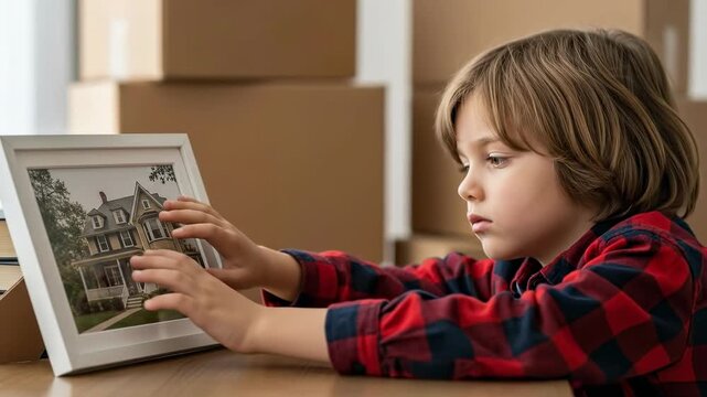 Sad young boy looking at photo of old house while moving out