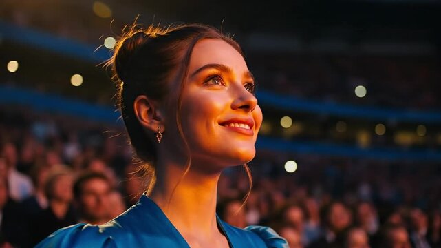 Young Caucasian woman in blue dress experiencing emotional awe at opera house