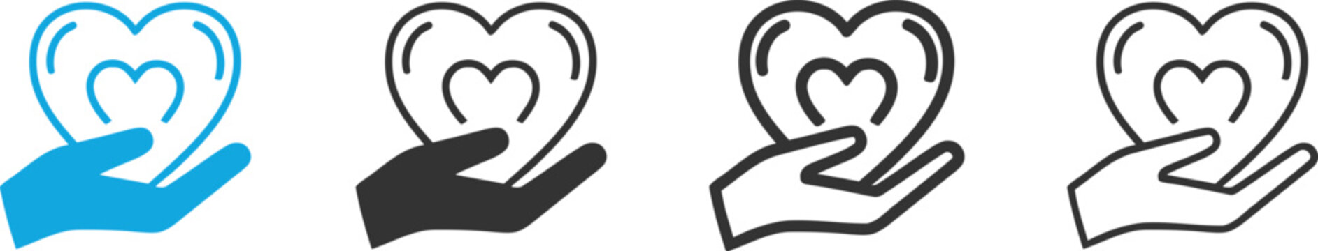 Four hands holding heart shapes in different colors and styles