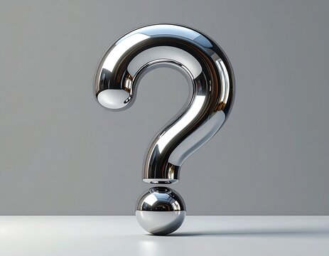 A large, glossy silver question mark stands prominently against a light gray background, casting subtle shadows on the white surface below