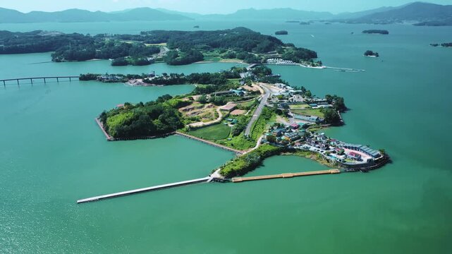 Aerial View of Bito Island in Sacheon with Emerald Sea, South korea