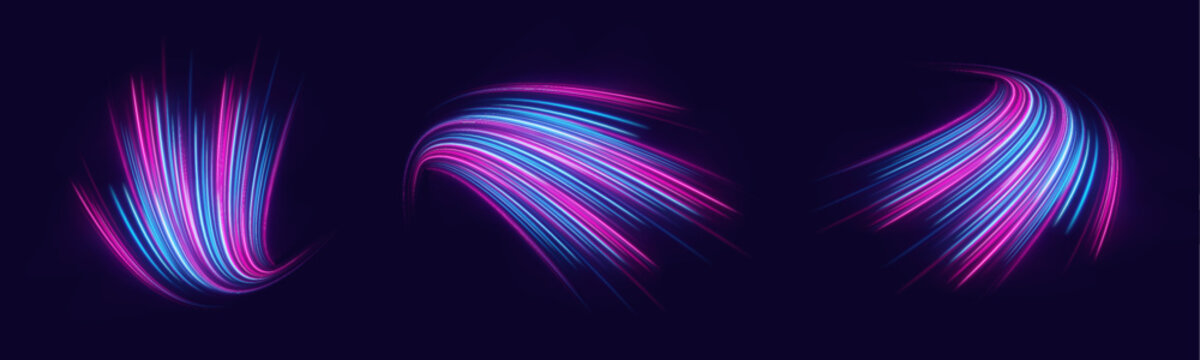 Bright pink-blue motion streaks with glowing tips, soft flickering lights and streaking effect vector