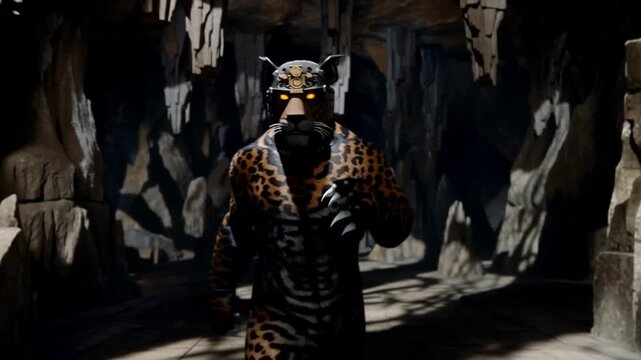 Warrior in cave with animal skin.