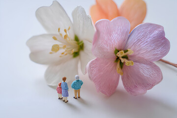 Obraz premium 春色の花と小さな人々が過ごすやさしい時間（3D）