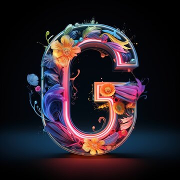 Alphabet capital letter G text. Futuristic neon glowing symbol, logo on dark grunge background.